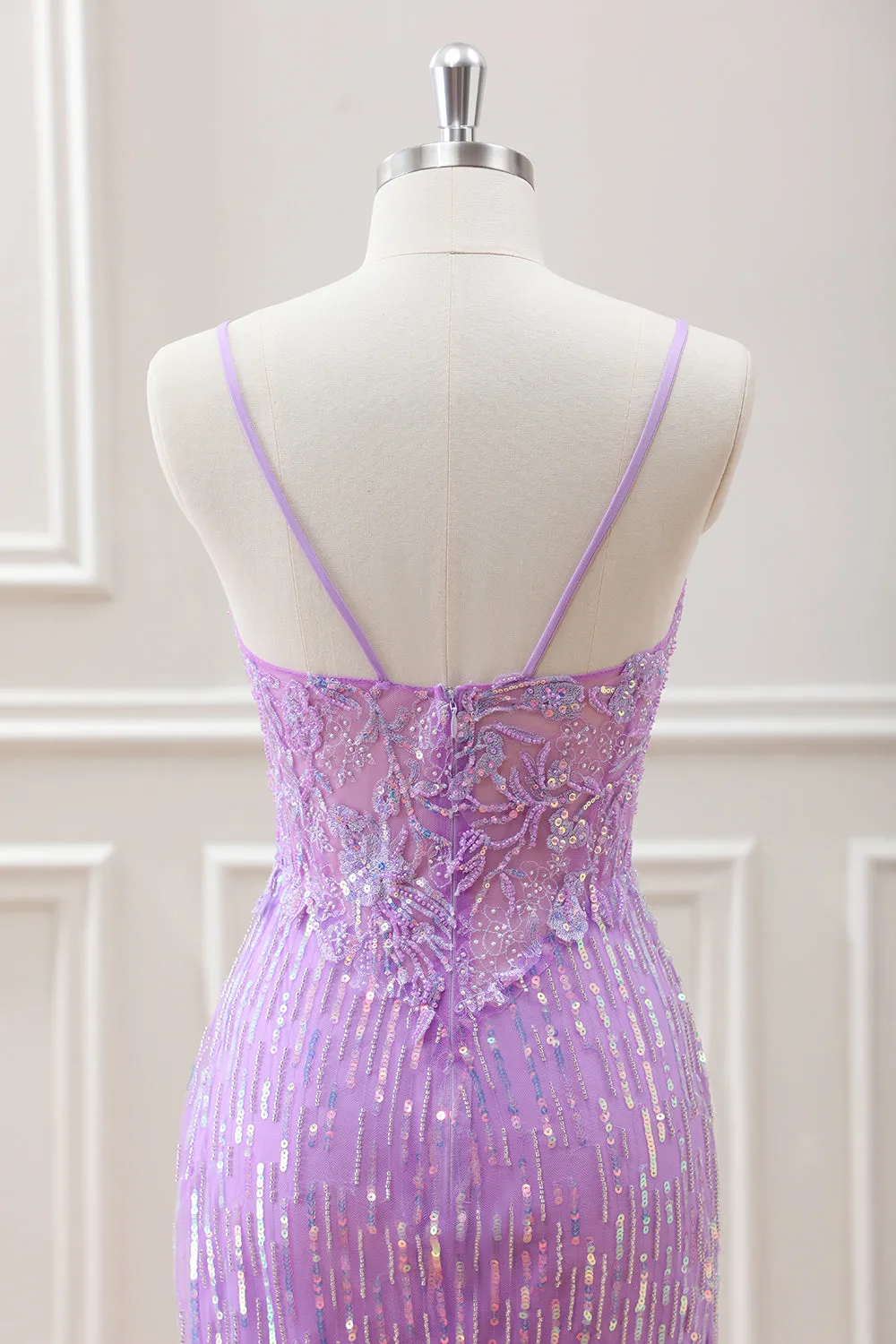 Sparkly Lilac Sequins Beaded Bodycon Mini Dress with Appliques