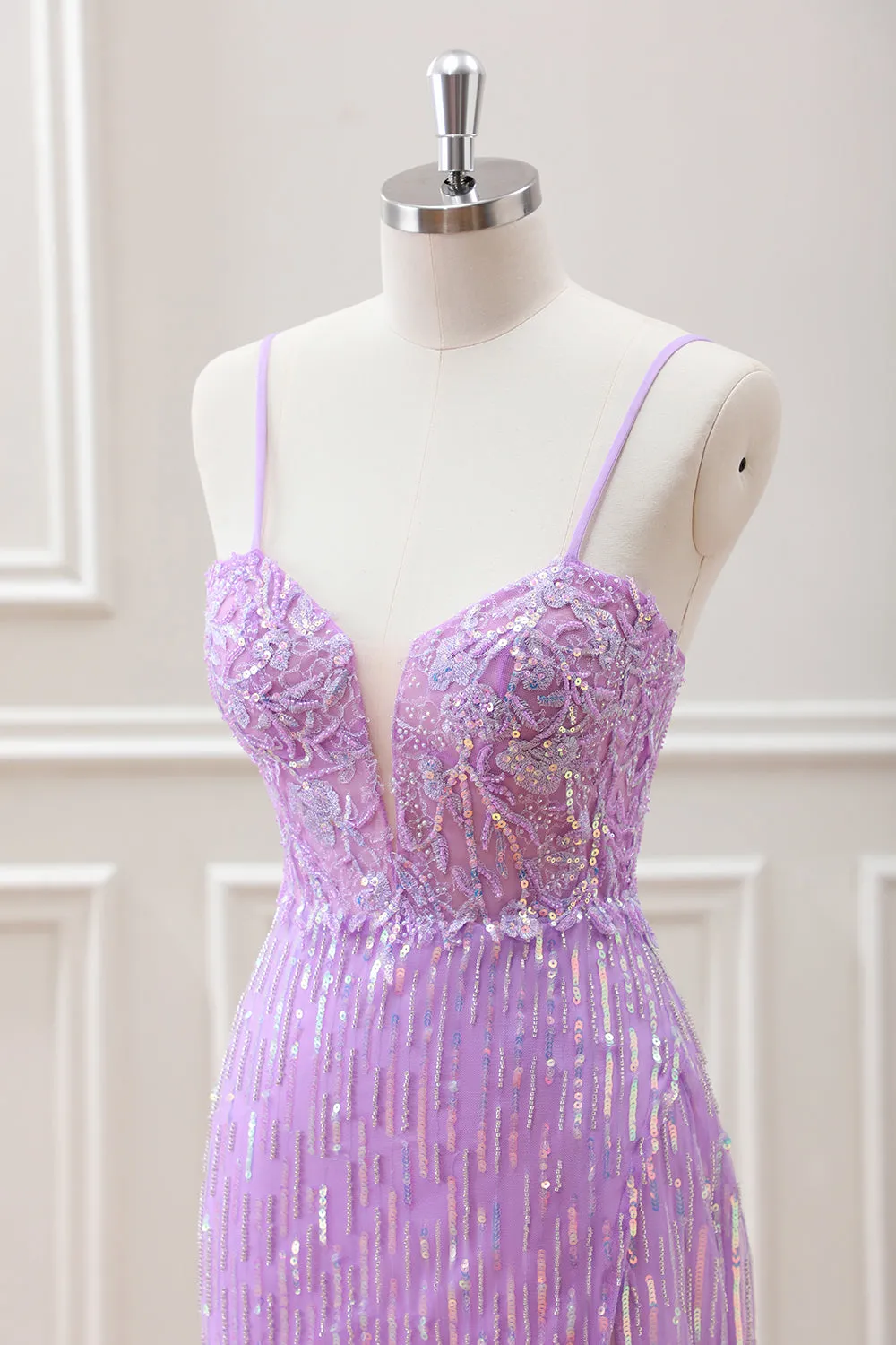 Sparkly Lilac Sequins Beaded Bodycon Mini Dress with Appliques