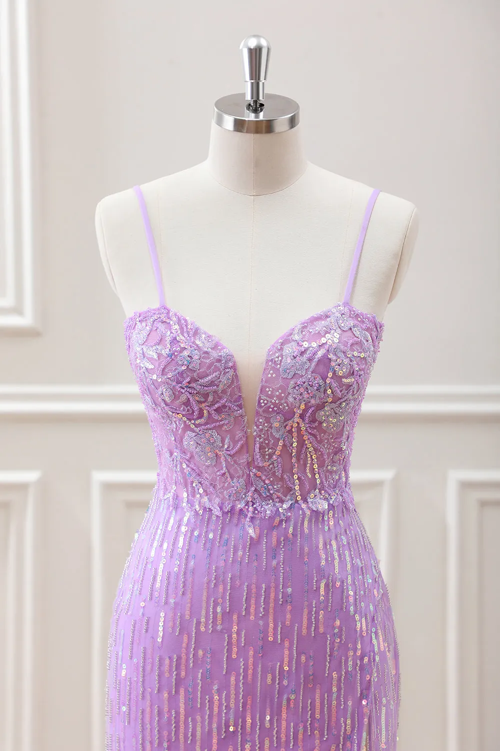 Sparkly Lilac Sequins Beaded Bodycon Mini Dress with Appliques