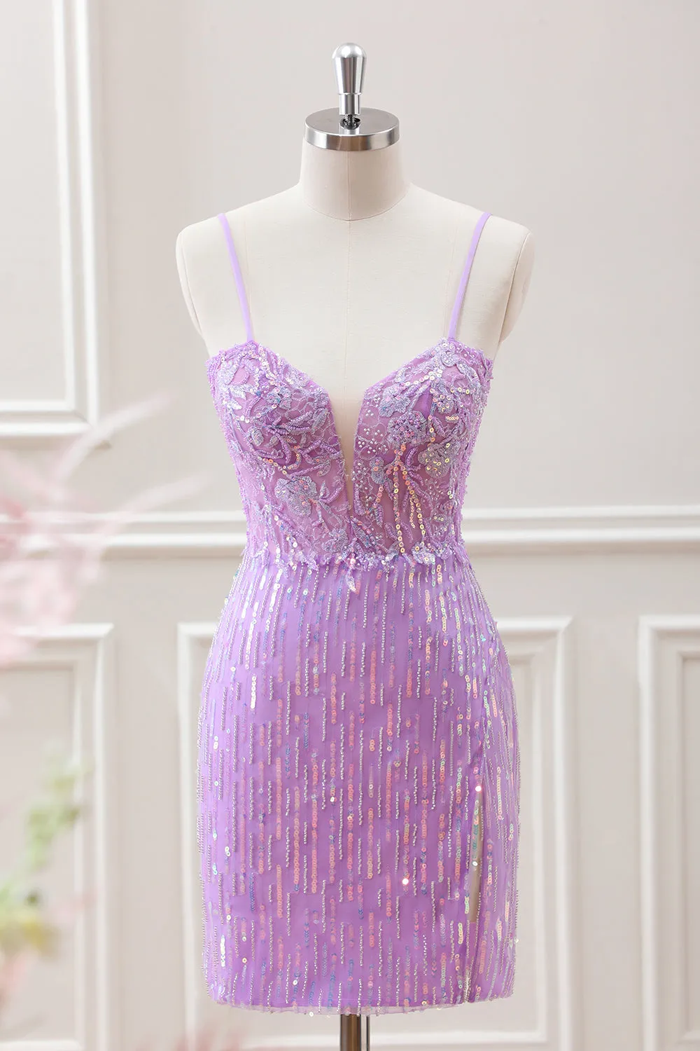 Sparkly Lilac Sequins Beaded Bodycon Mini Dress with Appliques