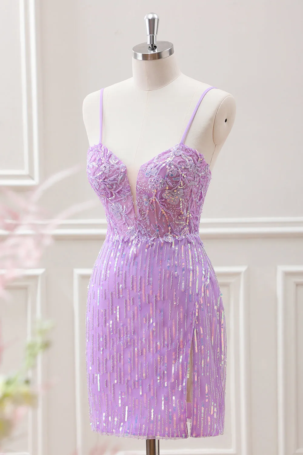 Sparkly Lilac Sequins Beaded Bodycon Mini Dress with Appliques