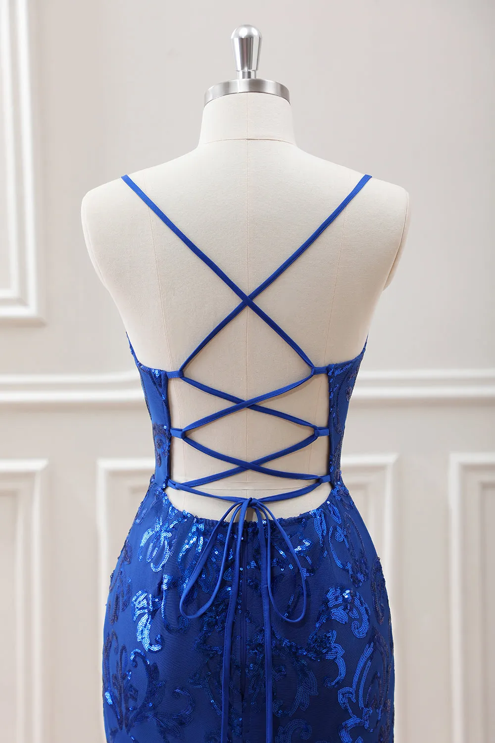 Sparkly Royal Blue Bodycon Square Neck Mini Dress with Lace up Back