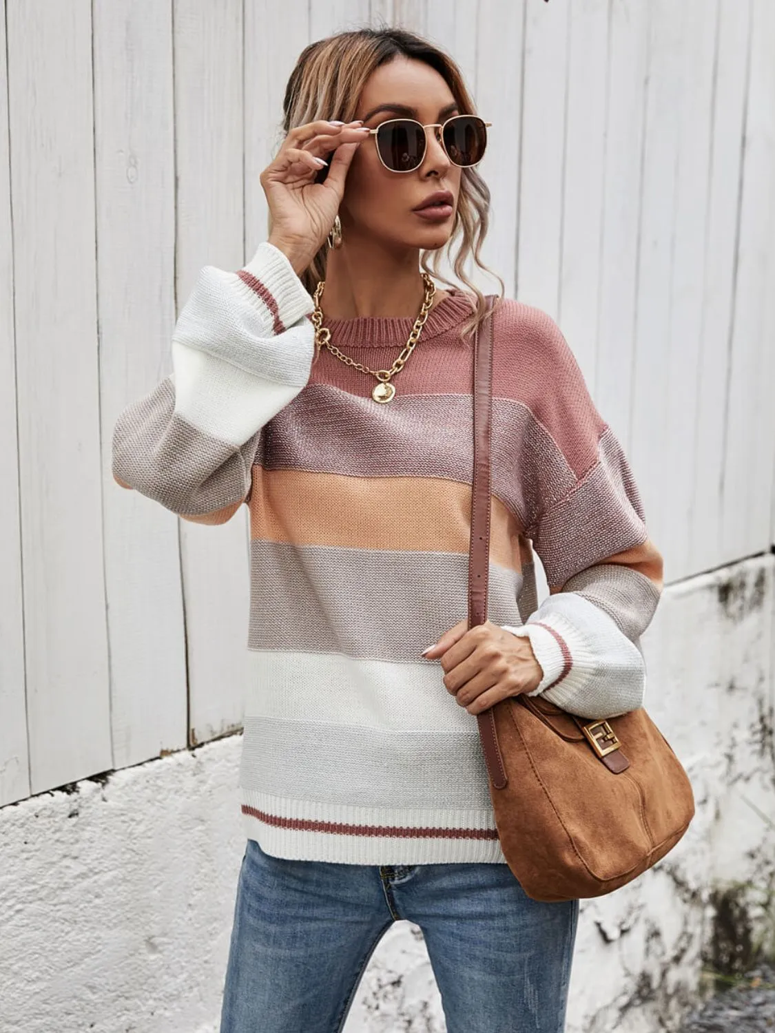 Striped Ribbed Trim Sweater