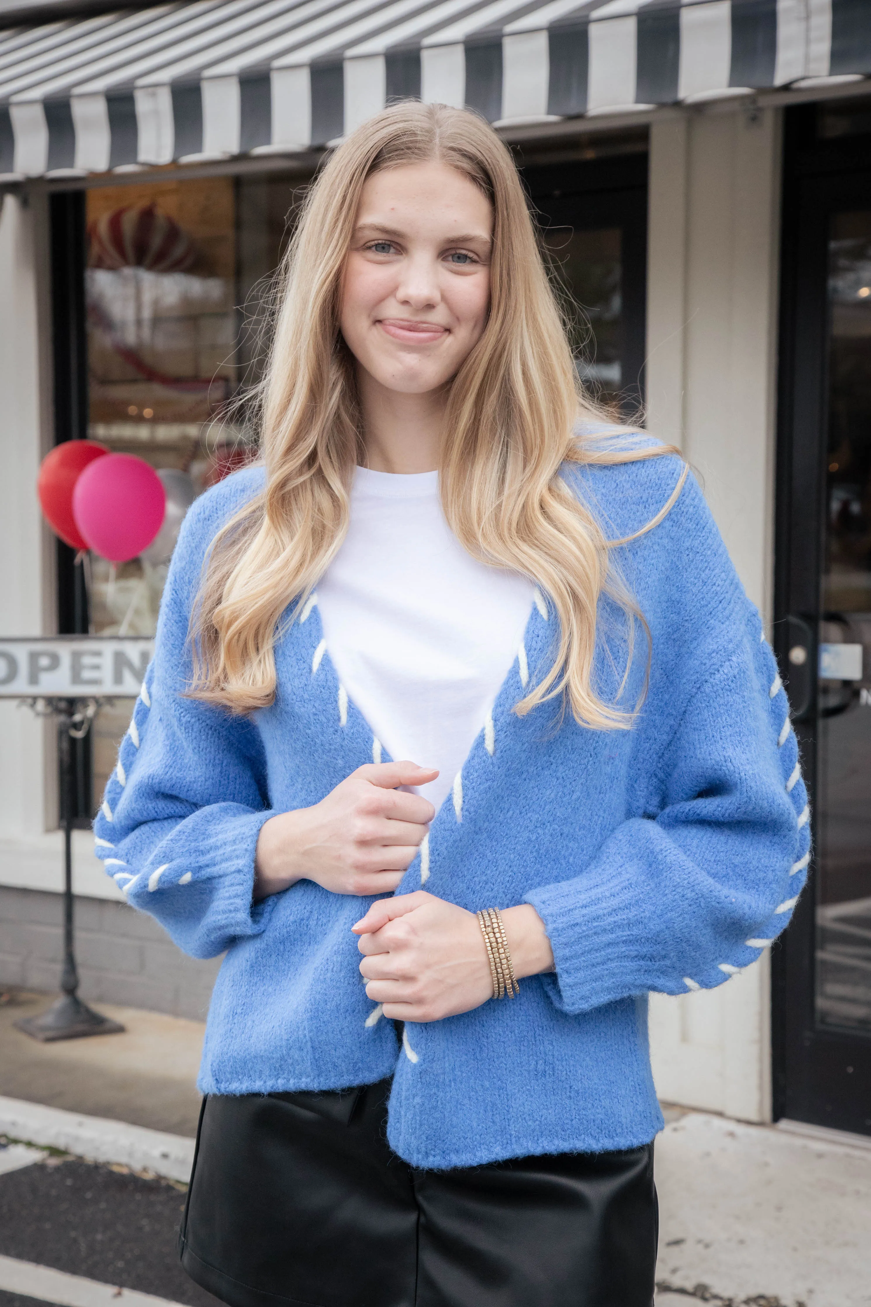 Tierney Stitch Detail Cardigan, Blue-White