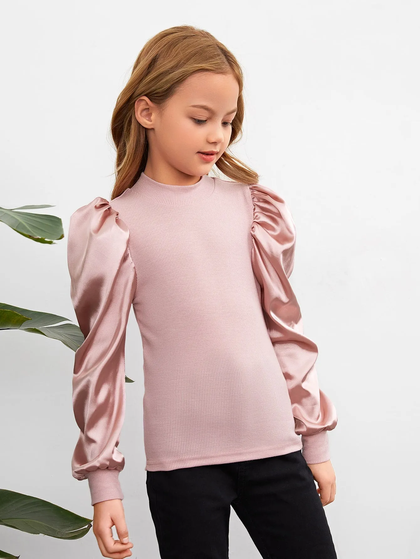 Tween Girl Casual Long Sleeve Knitted Top - Puff Sleeves, Stand Collar, Rib-Knit, Slim Fit