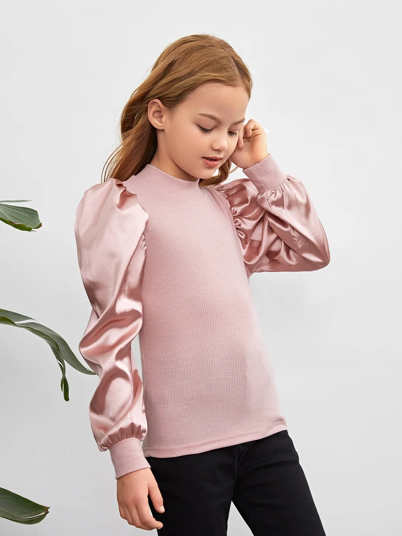 Tween Girl Casual Long Sleeve Knitted Top - Puff Sleeves, Stand Collar, Rib-Knit, Slim Fit