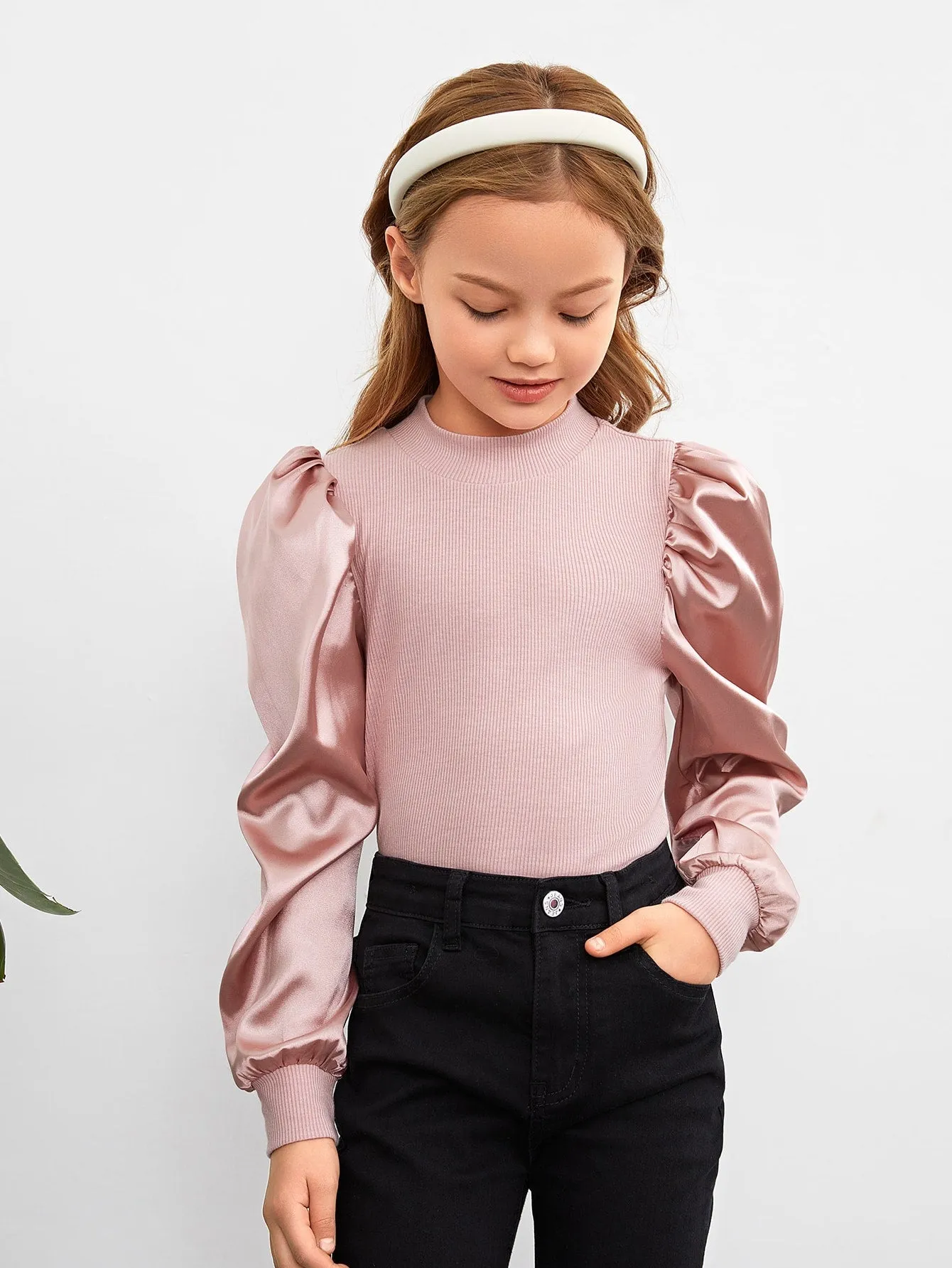 Tween Girl Casual Long Sleeve Knitted Top - Puff Sleeves, Stand Collar, Rib-Knit, Slim Fit