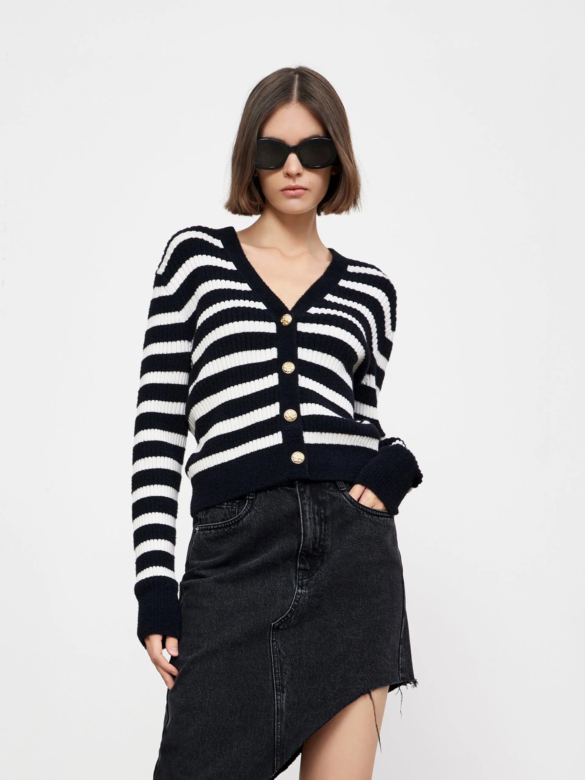 V-neck Striped Knitted Wool-Blend Cardigan