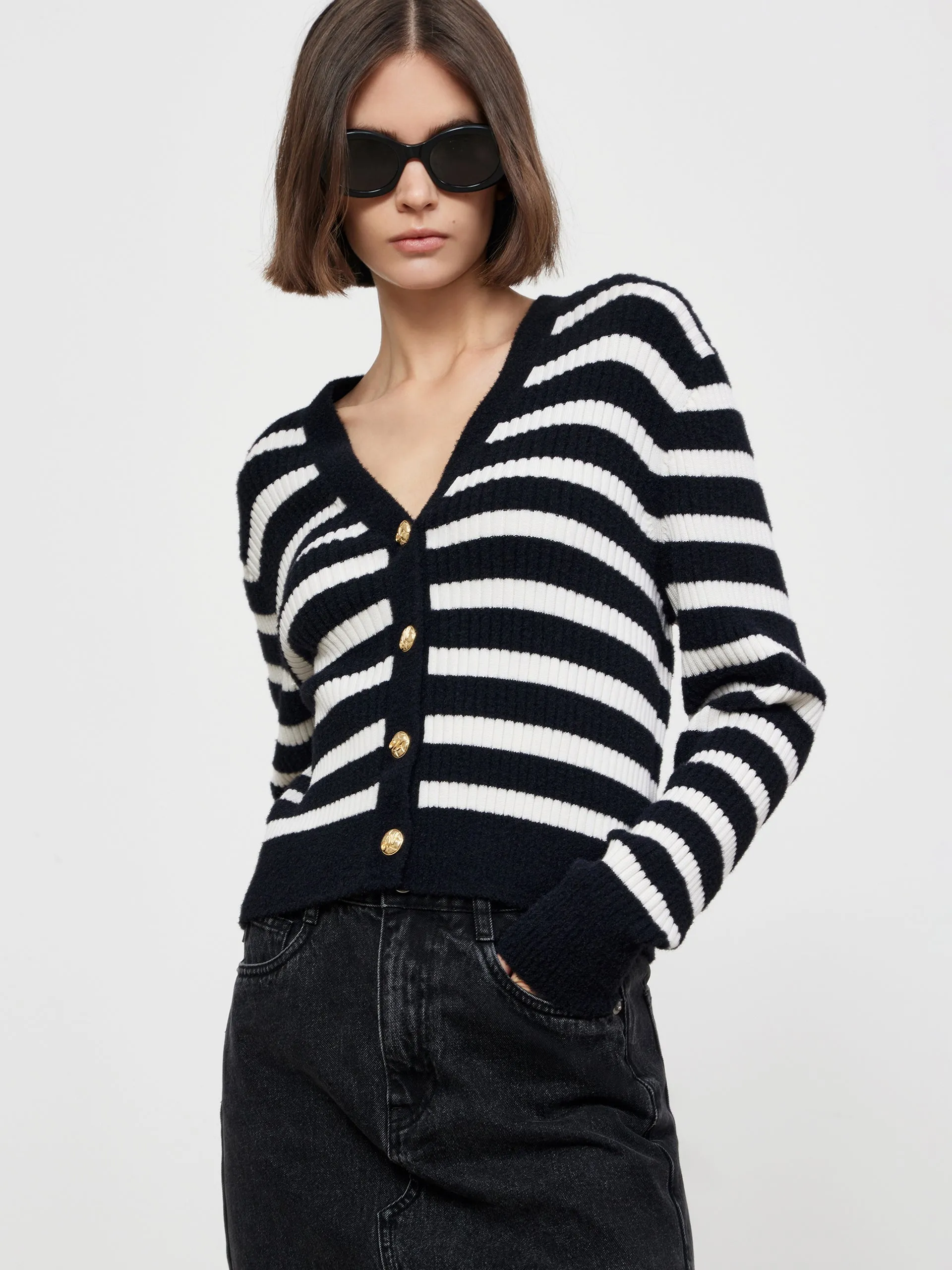 V-neck Striped Knitted Wool-Blend Cardigan