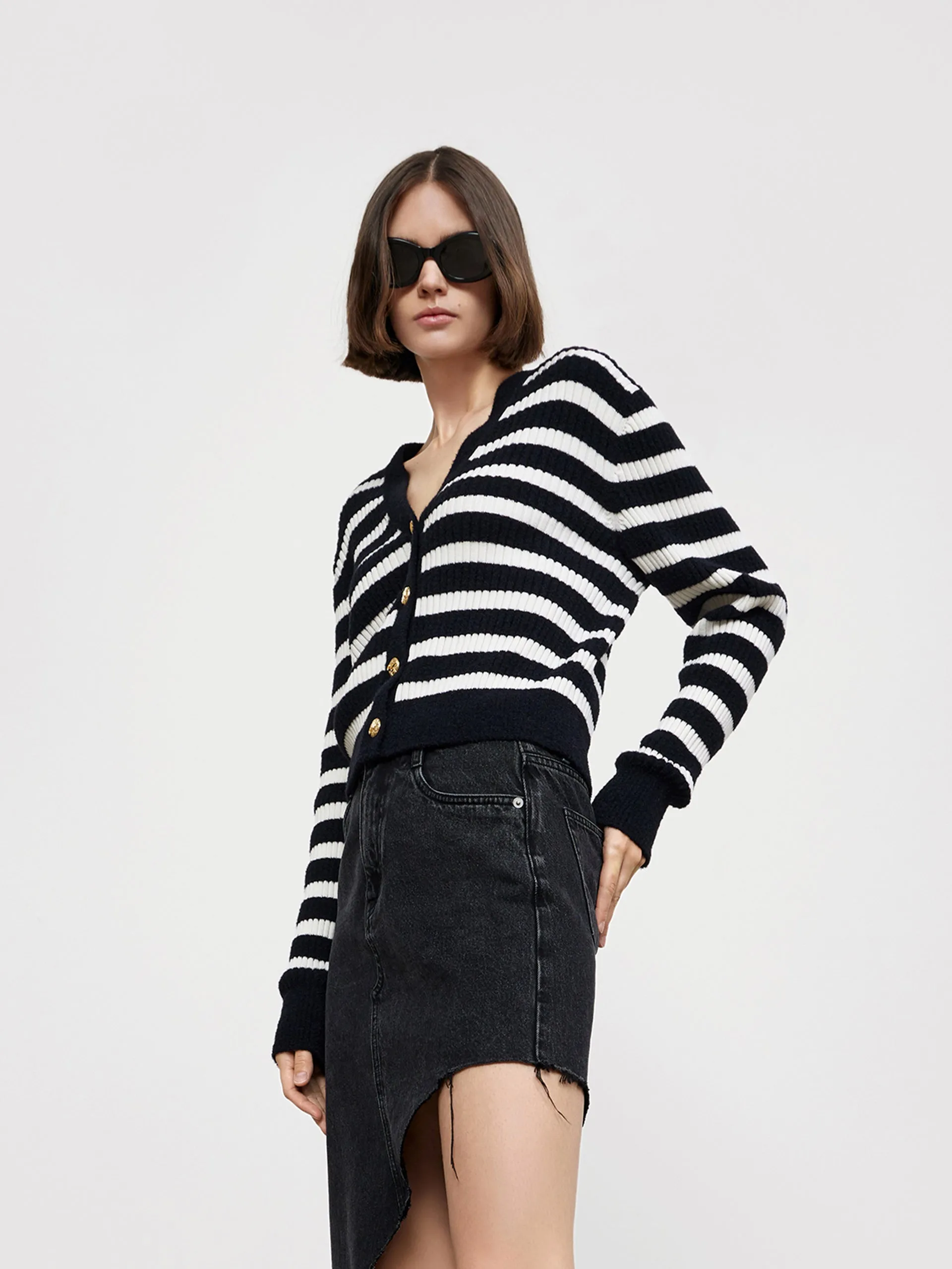 V-neck Striped Knitted Wool-Blend Cardigan