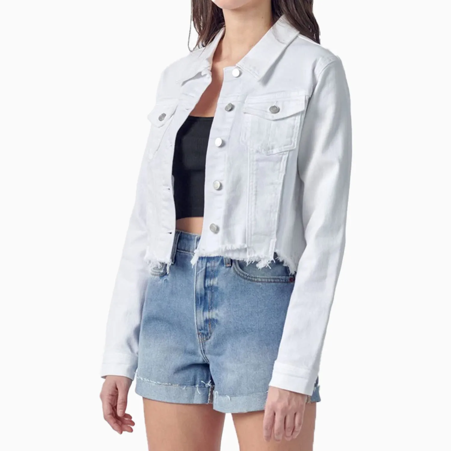 Women's Uneven White Wash Frayed Fitted Jacket